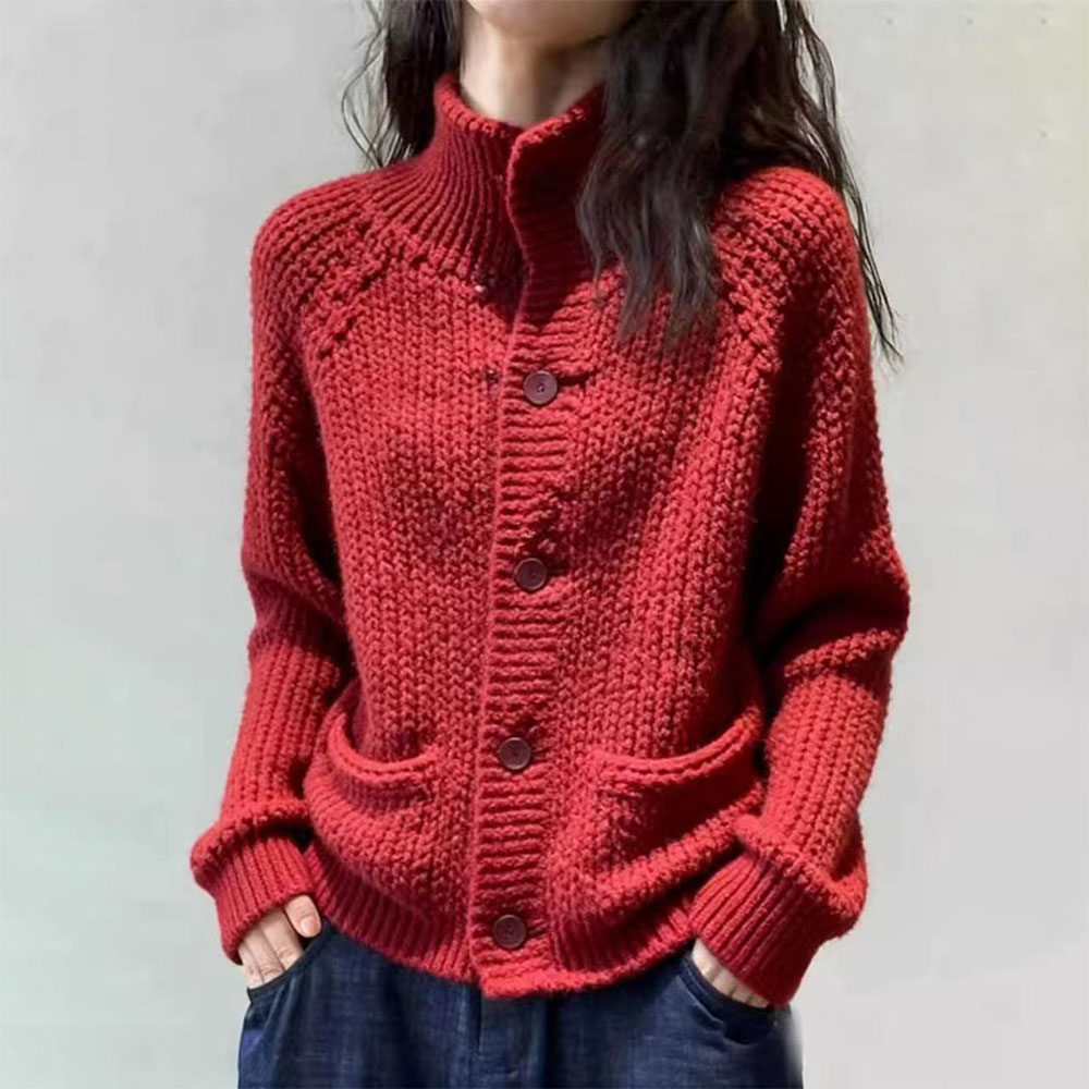 慵懒高领红色毛衣开衫外套女士秋冬高级感减龄宽松显瘦针织衫上衣