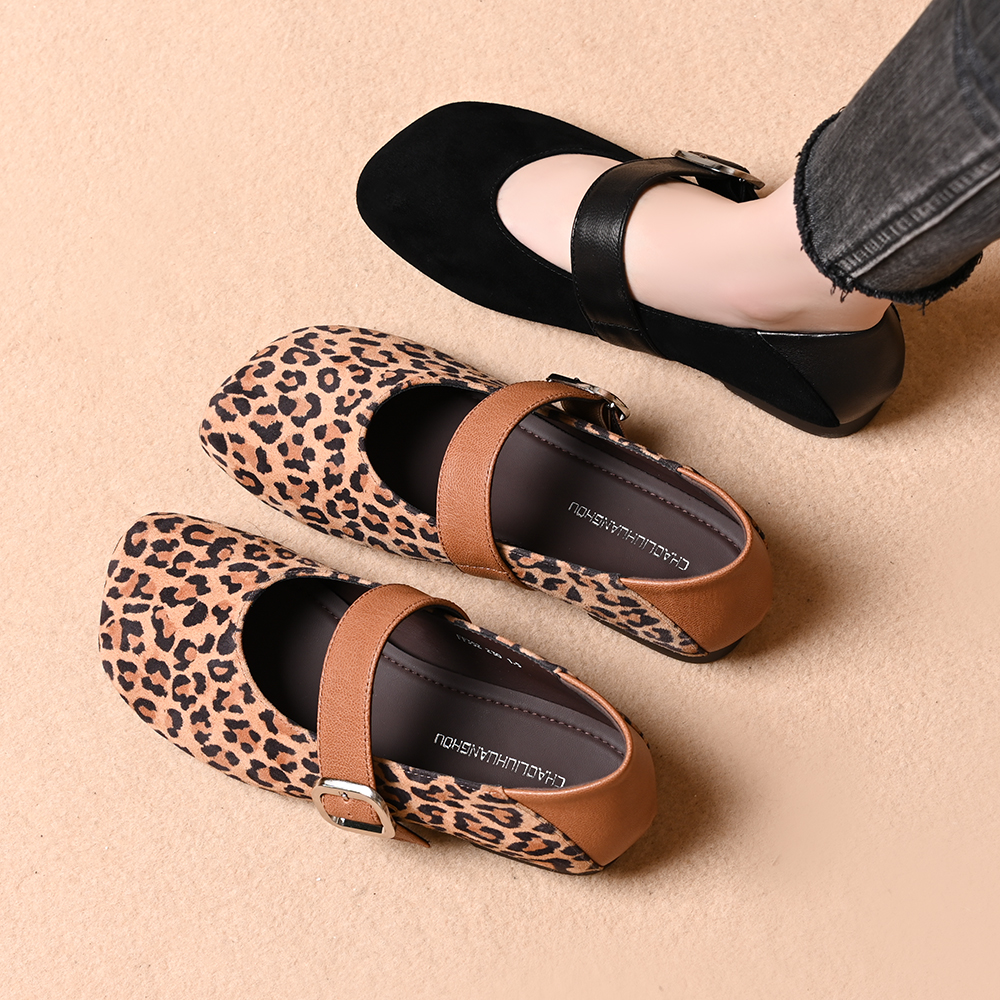 真皮羊皮圆头一字带单鞋女2025新款秋季复古豹纹时髦玛丽珍小皮鞋