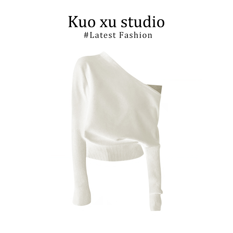 毛衣女慵懒风一字领露肩套头设计感韩系气质宽松斜肩针织衫上衣女