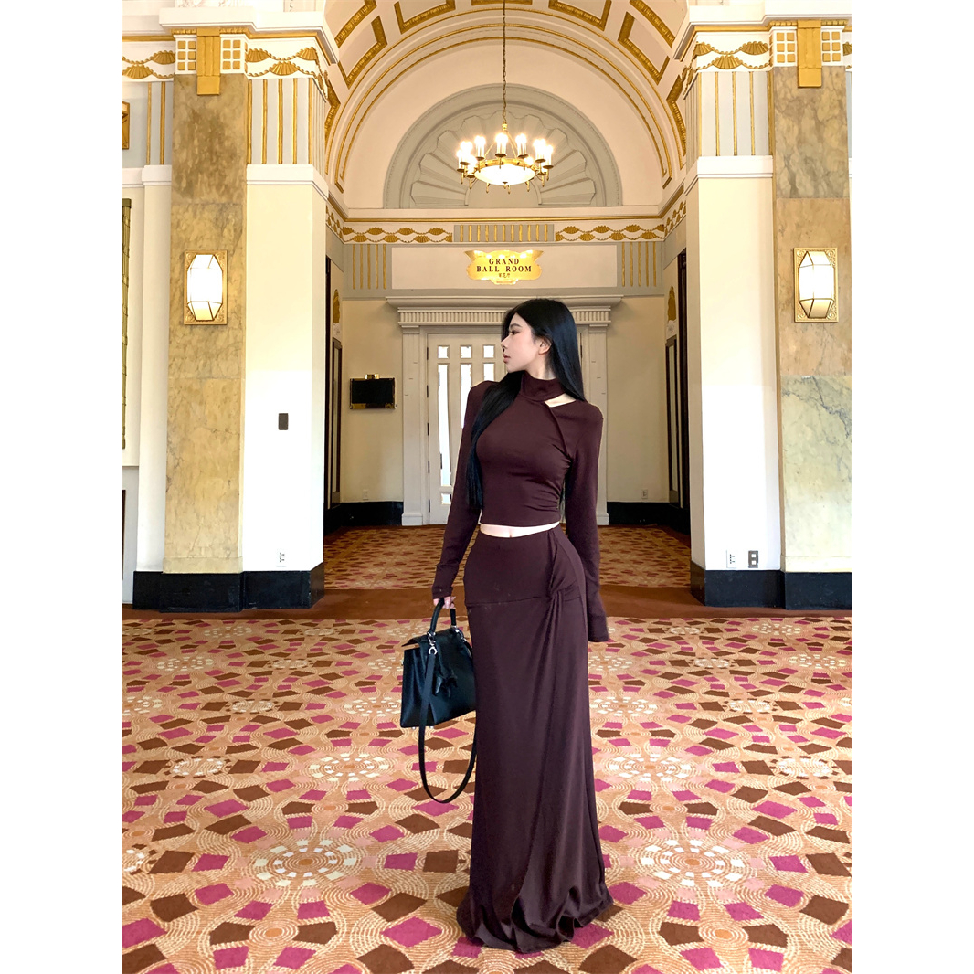 磨毛抓绒修身高领打底T恤女冬季+包臀鱼尾长裙套装秋冬气质长款