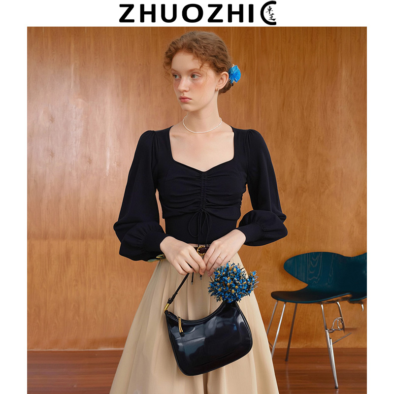 卓芝法式设计感方领长袖收褶针织衫2025秋冬新款收腰显瘦百搭上衣