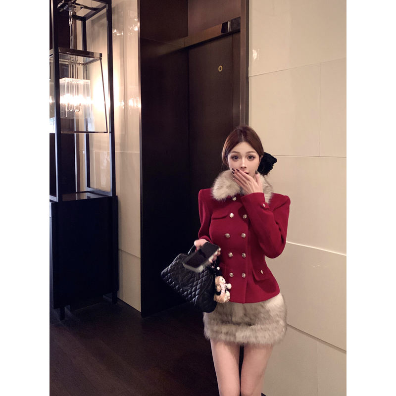 气质高级感毛绒翻领双排扣收腰毛呢外套低腰毛毛包臀短裙套装女冬