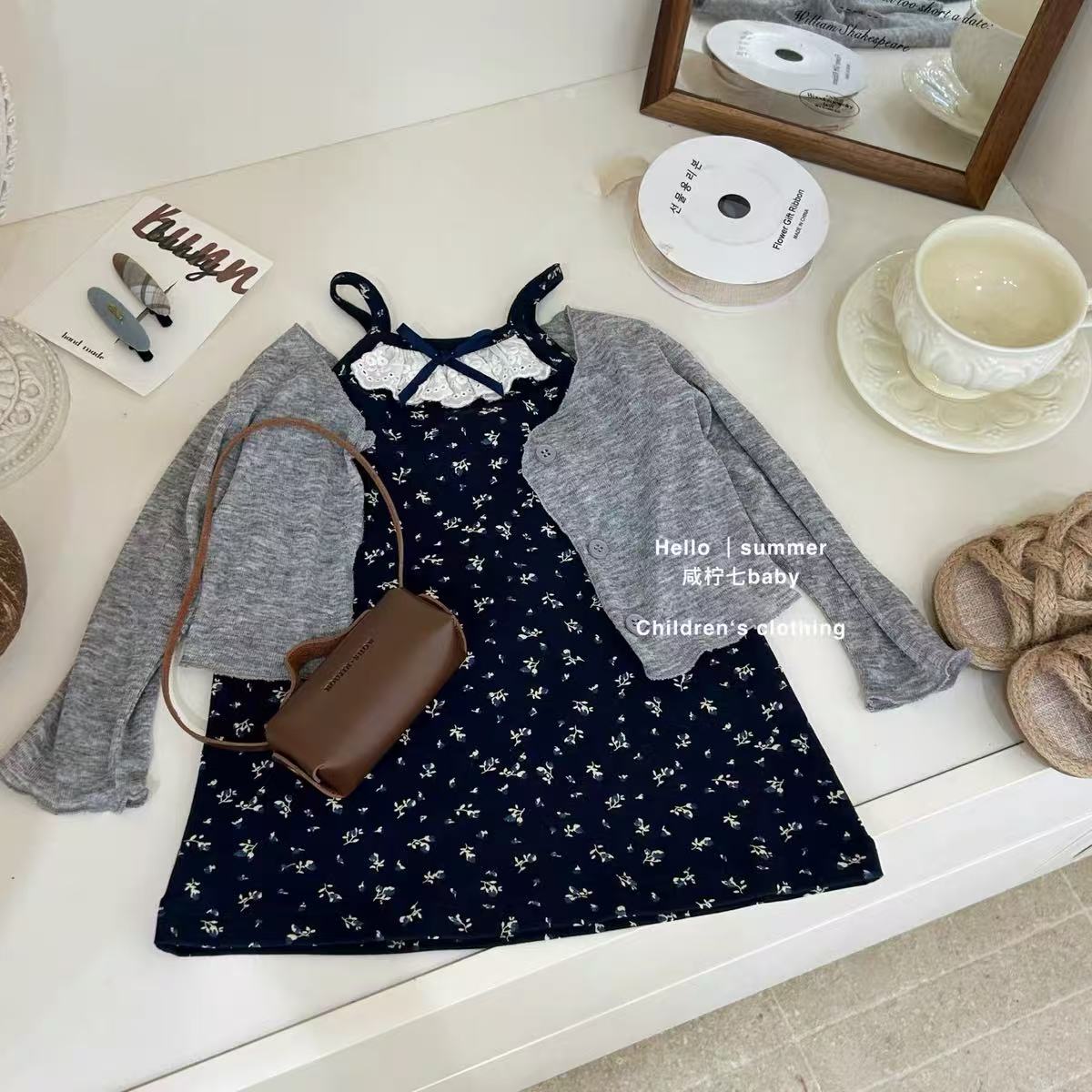 韩国女童连衣裙2025新款夏装碎花吊带连衣裙开衫