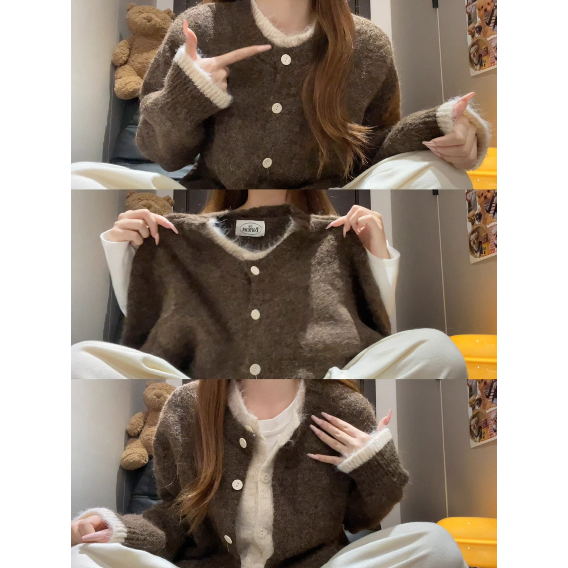 美拉德复古咖色假两件毛衣女秋冬季高级感慵懒风气质百搭针织上衣