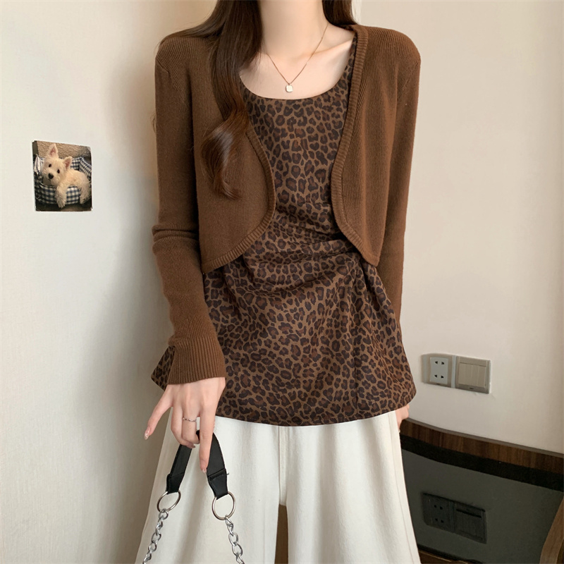 豹纹背心+针织开衫两件套女欧货2025秋季新款时尚洋气复古套装潮