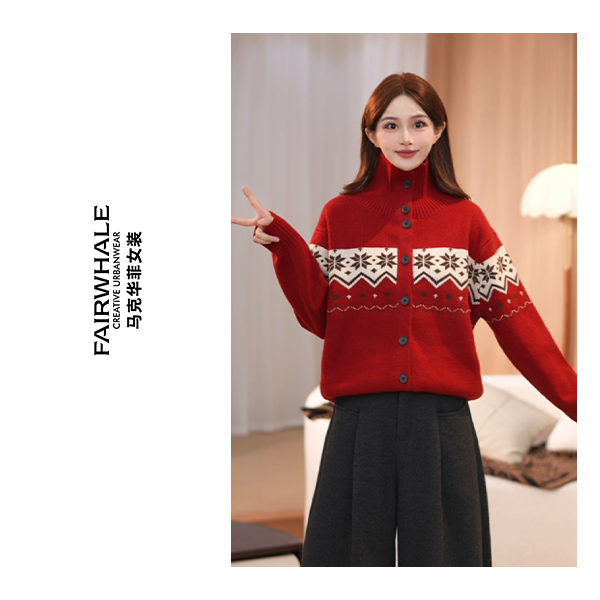 马克华菲秋冬女时尚圣诞宽松型提花毛衣毛针织衫F54004A941 qq