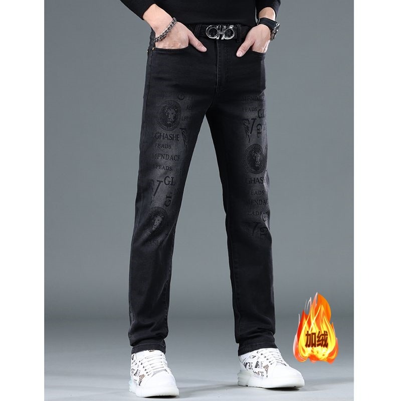 2025秋冬新款韩版潮流高端潮牌小脚弹力修身时尚印花百搭男牛仔裤