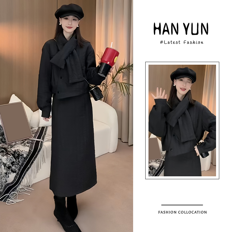 设计感小众时尚套装女2025冬季新款夹棉加厚外套半身裙围巾三件套