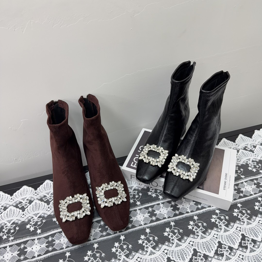 小个子内增高7CM小个子瘦瘦靴女秋冬加绒方头水钻粗跟通勤短筒靴