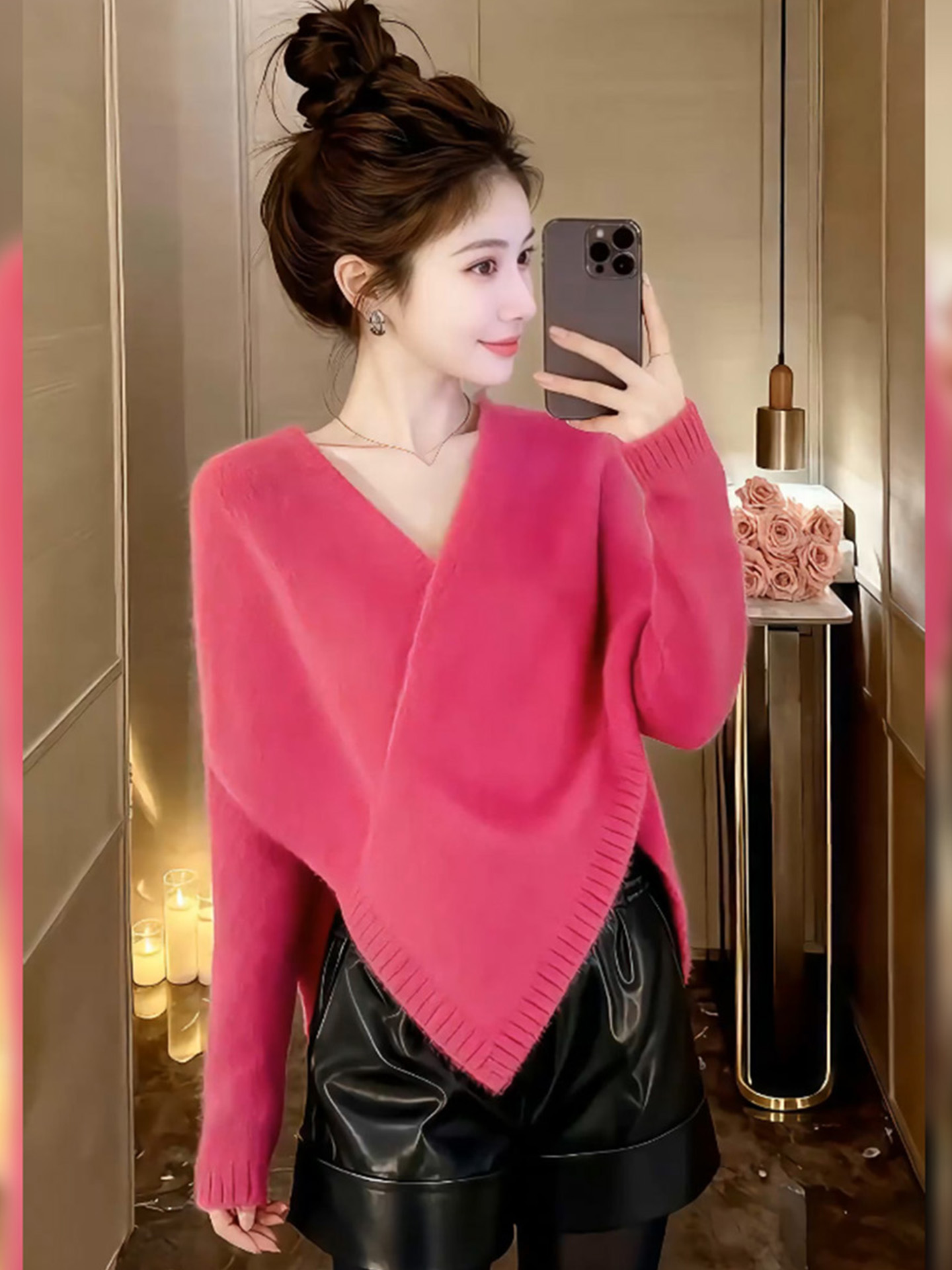 不规则短款玫红色长袖针织衫上衣2025秋冬新款穿搭巨好看毛衣女装