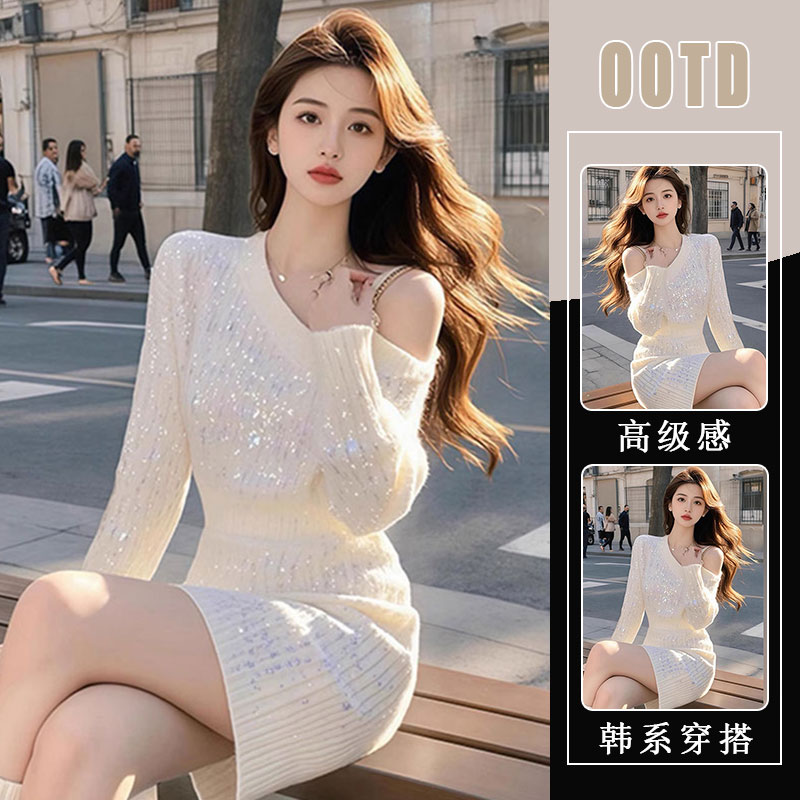 纯欲辣妹气质修身亮片连衣裙女装2025春秋新款斜肩性感包臀短裙子