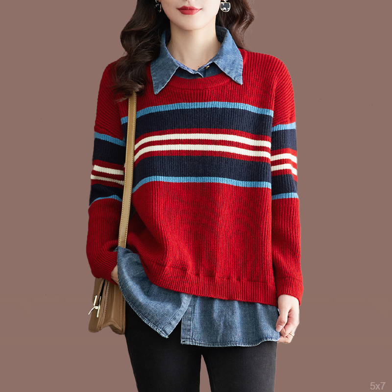 韩系针织衫女2025秋冬新款时尚衬衫穿搭假两件设计感上衣毛衣外套