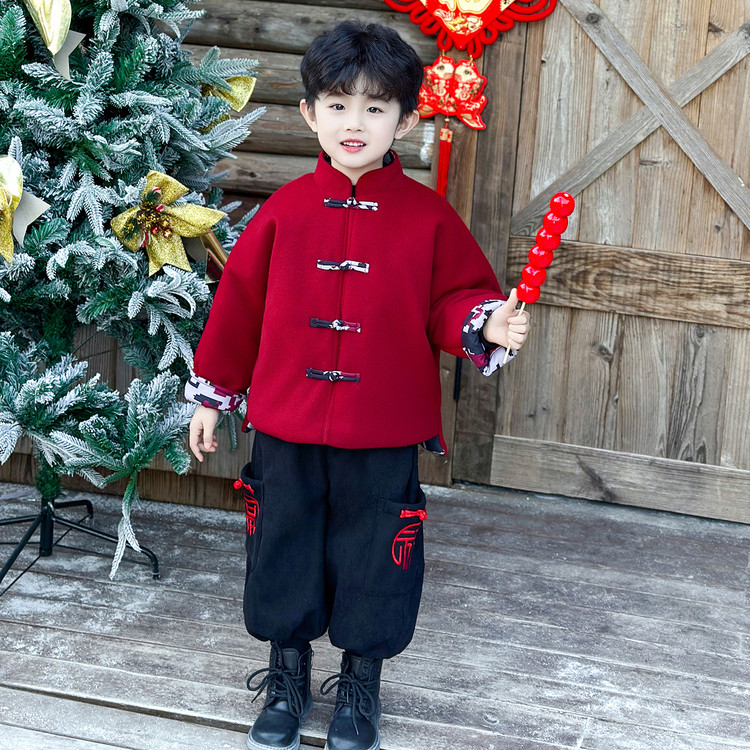 童泰【断码】2025新款冬季儿童唐装红色上衣黑色裤子男女童新年礼服