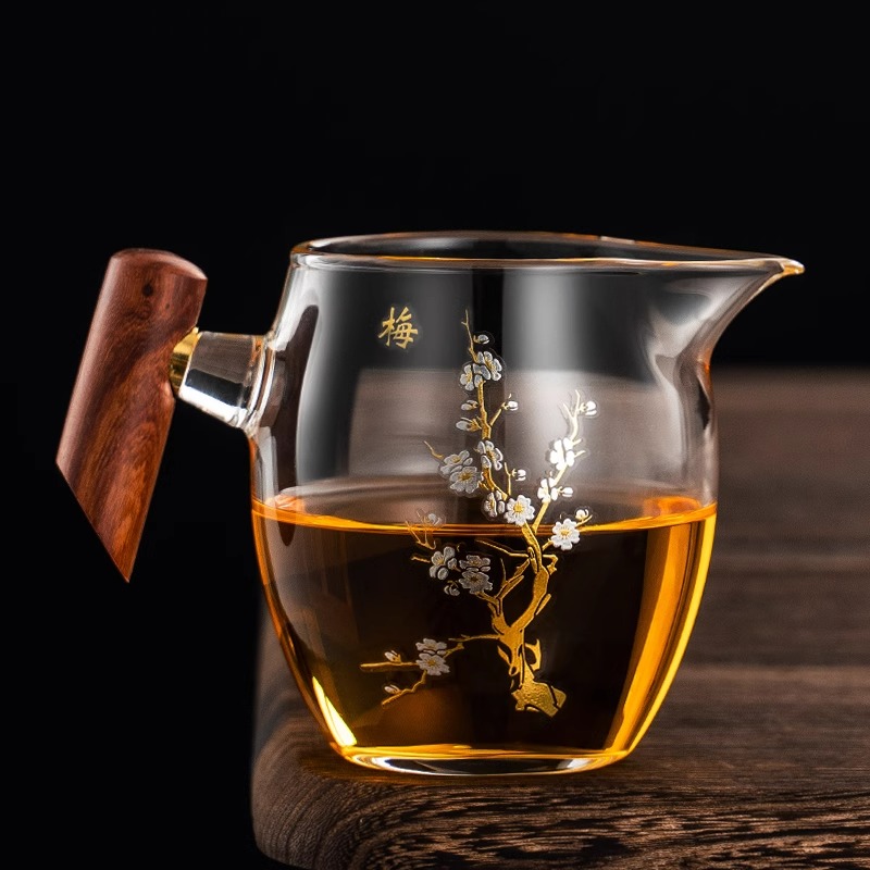 高硼硅玻璃木雀公杯茶海公道杯家用木把分茶器功夫茶具带茶漏匀杯