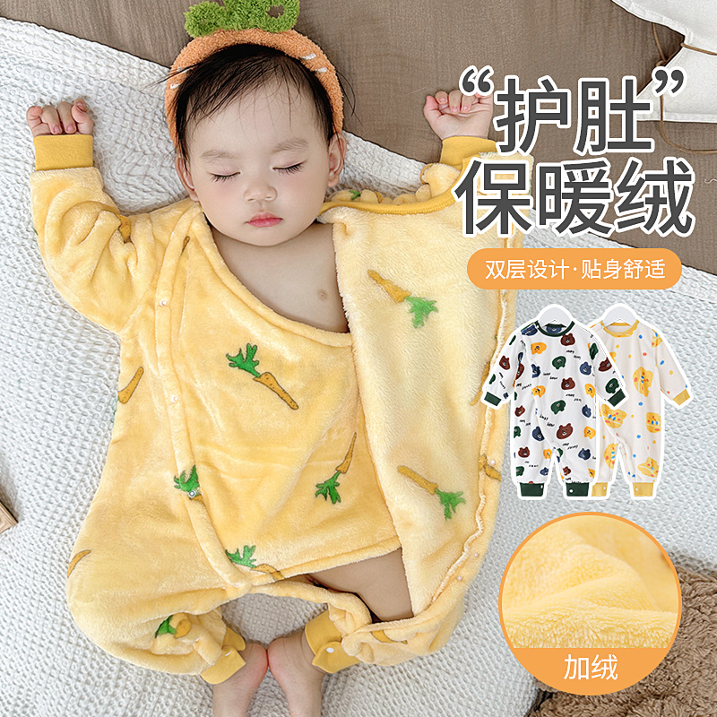 婴儿法兰绒连体衣服女宝宝小月龄冬装加厚珊瑚绒冬季保暖内衣睡衣