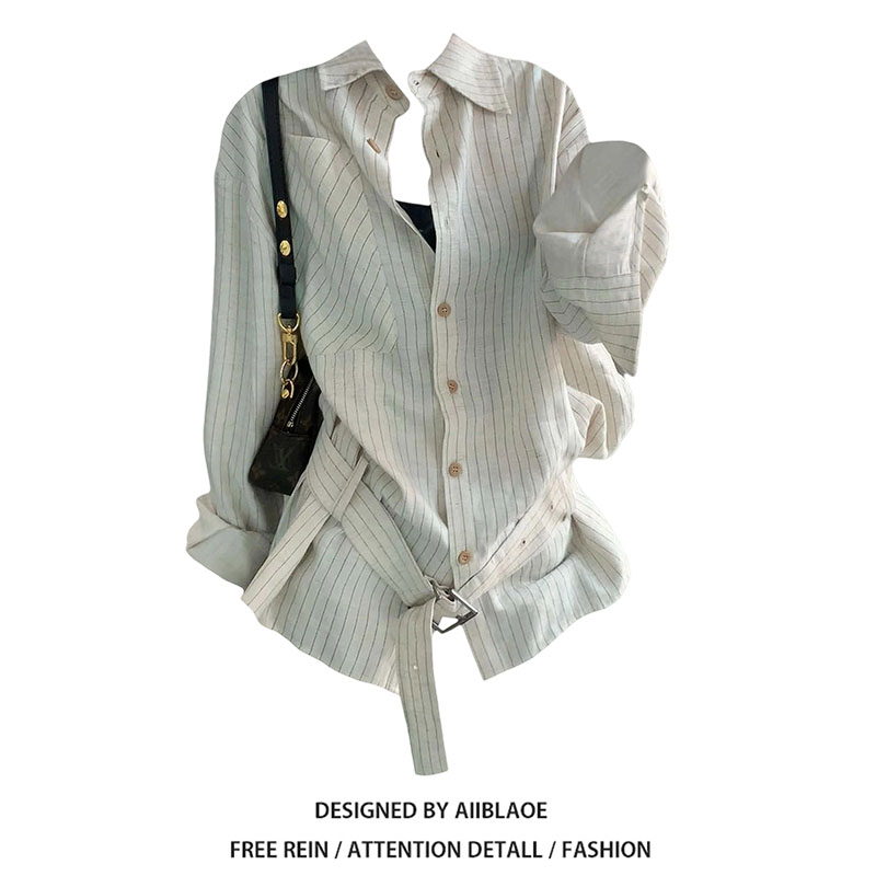 韩系复古设计感收腰条纹衬衫女秋冬季小众设计感腰带收腰显瘦上衣