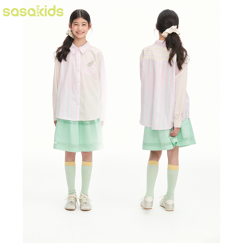sasakids idol粉黄白撞色条纹甜美少女基础百搭休闲长袖衬衫女童