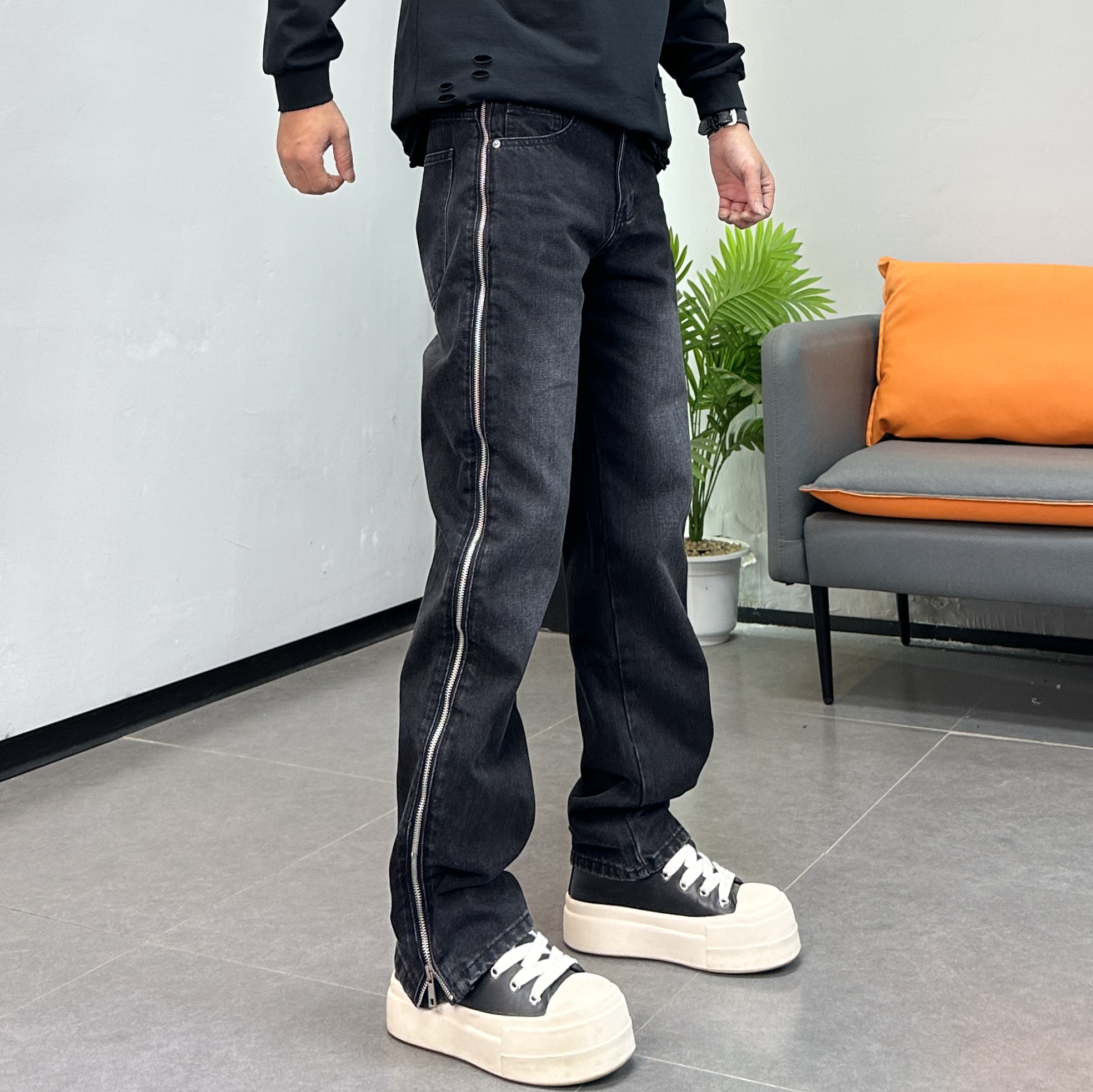 美式潮牌侧拉链牛仔裤男秋冬新款宽松直筒个性设计休闲长裤