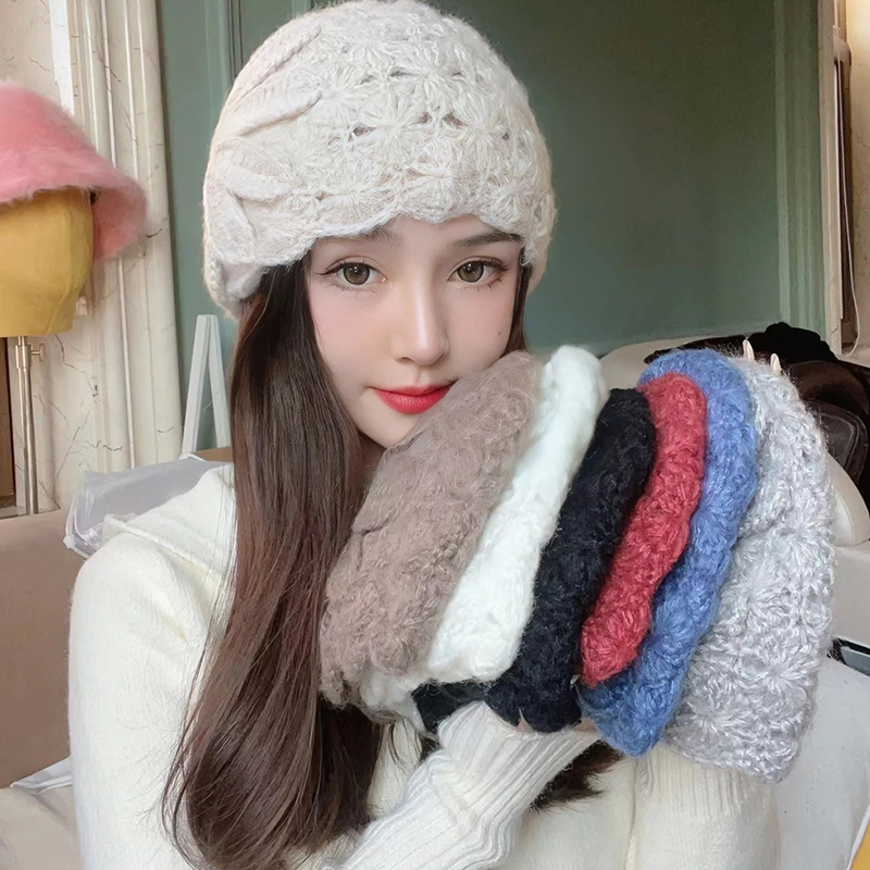 秋冬复古手工钩花毛线帽韩版时尚小众保暖百搭马海毛针织套头帽女