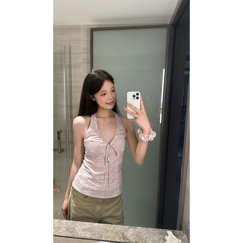 美式复古条纹挂脖吊带背心纯欲辣妹上衣卡其色拼接工装牛仔裤长裤