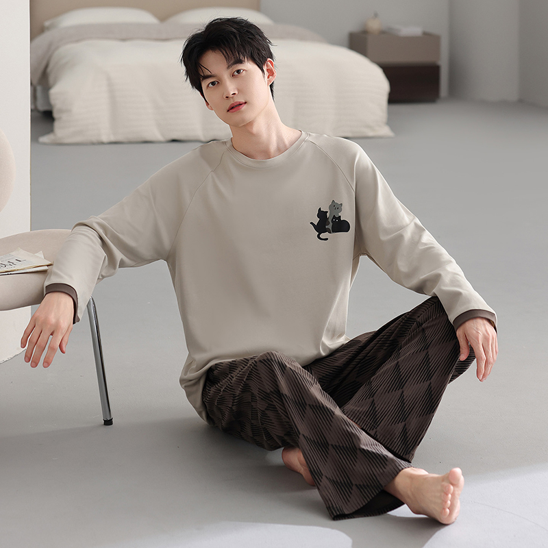 睡衣男春秋休闲长袖长裤套装青年男款秋季大码全棉家居服