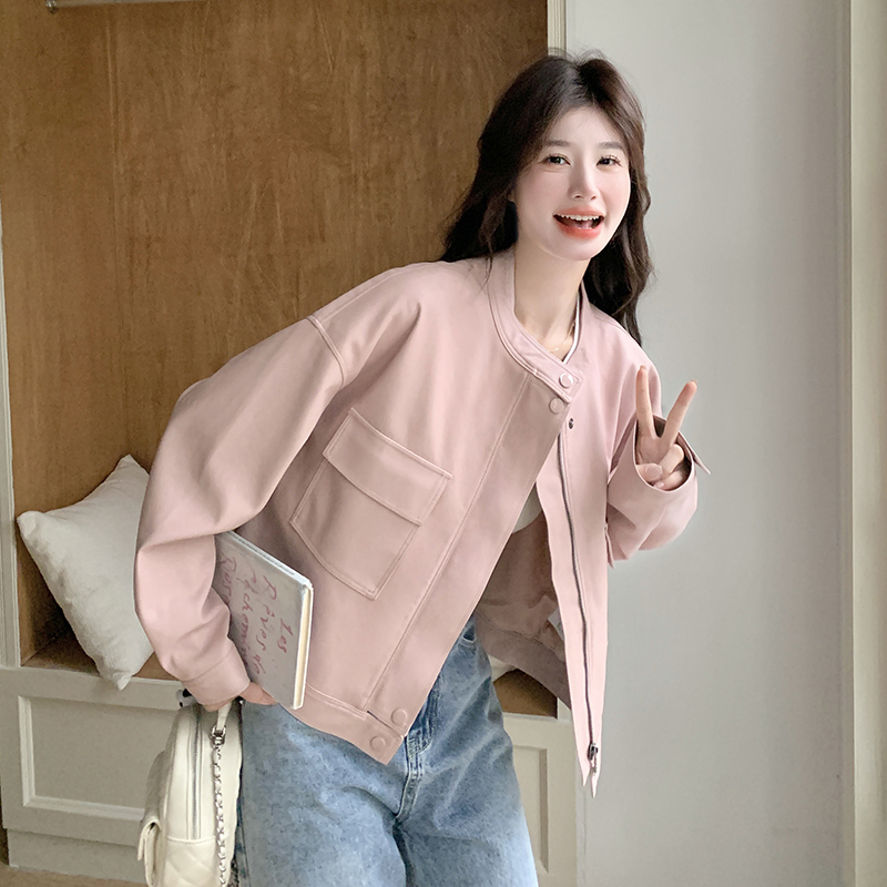 小香风粉色短款皮衣外套女春秋2025新款减龄百搭超火PU夹克高级感