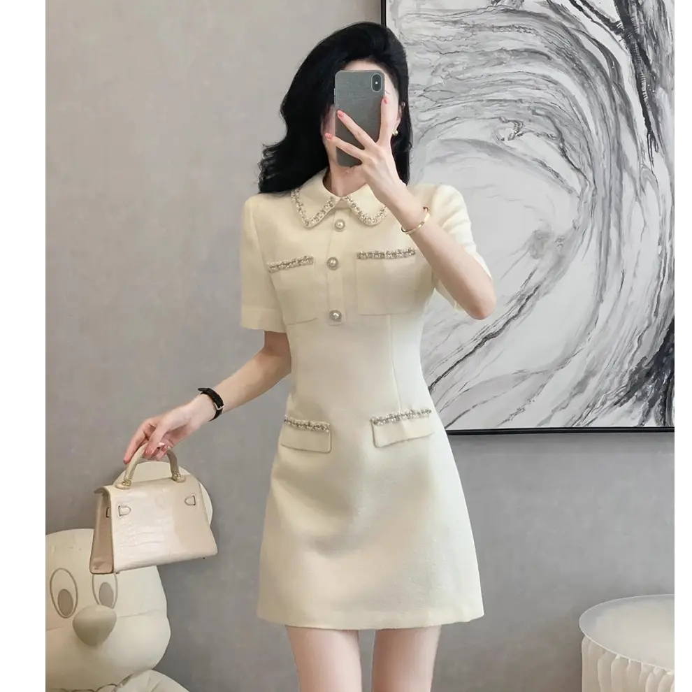【有里布】设计感连衣裙女高级感小个子时尚白色小香风裙子D1640