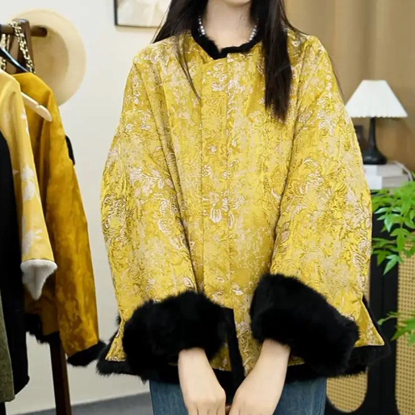 【苏杭版】新中式冬双面穿加棉毛毛宋锦提花圆领保暖外套女气质减龄