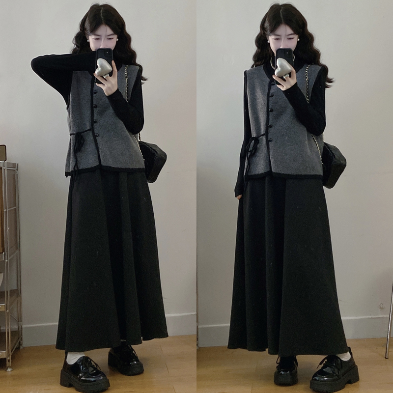 大码胖mm法式小香风针织马甲背心+长袖打底衫+半身裙三件套装女