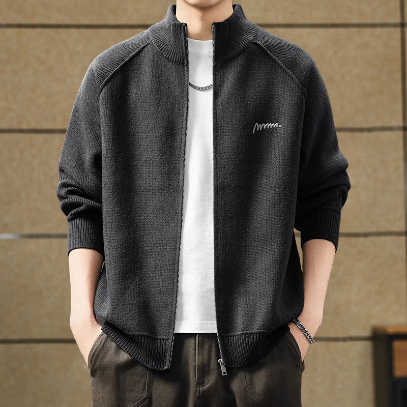 高端刺绣立领拉链开衫毛衣男士外套春秋季新款潮牌重磅针织衣服男