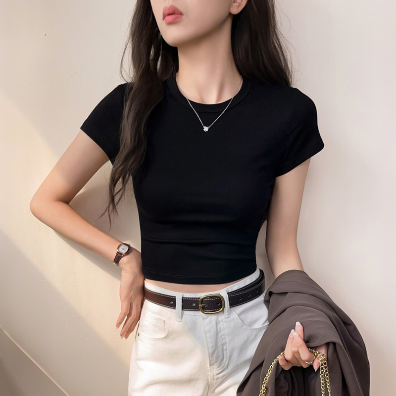 黑色短款t恤女短袖性感辣妹风紧身高腰显瘦露脐夏季洋气减龄上衣