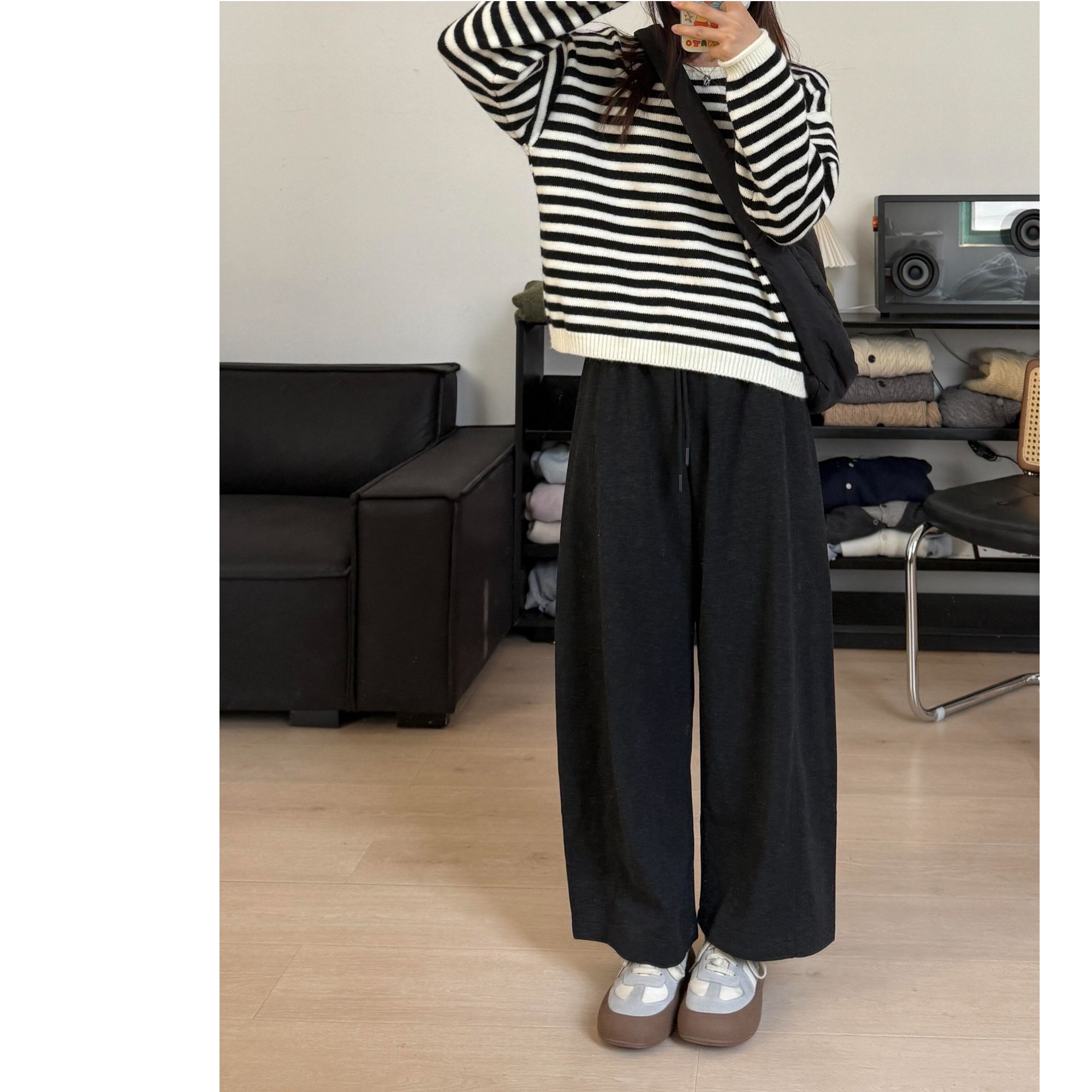 秋冬加绒毛呢小个子慵懒感弯刀裤大码女微胖mm高腰显瘦九分奶奶裤