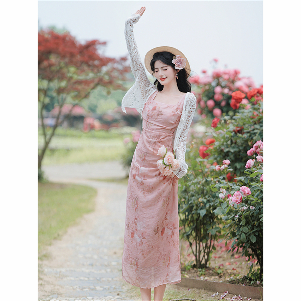 收腰中式显瘦连衣裙温柔气质减龄少女感长裙仙气甜美复古遮肉凉感