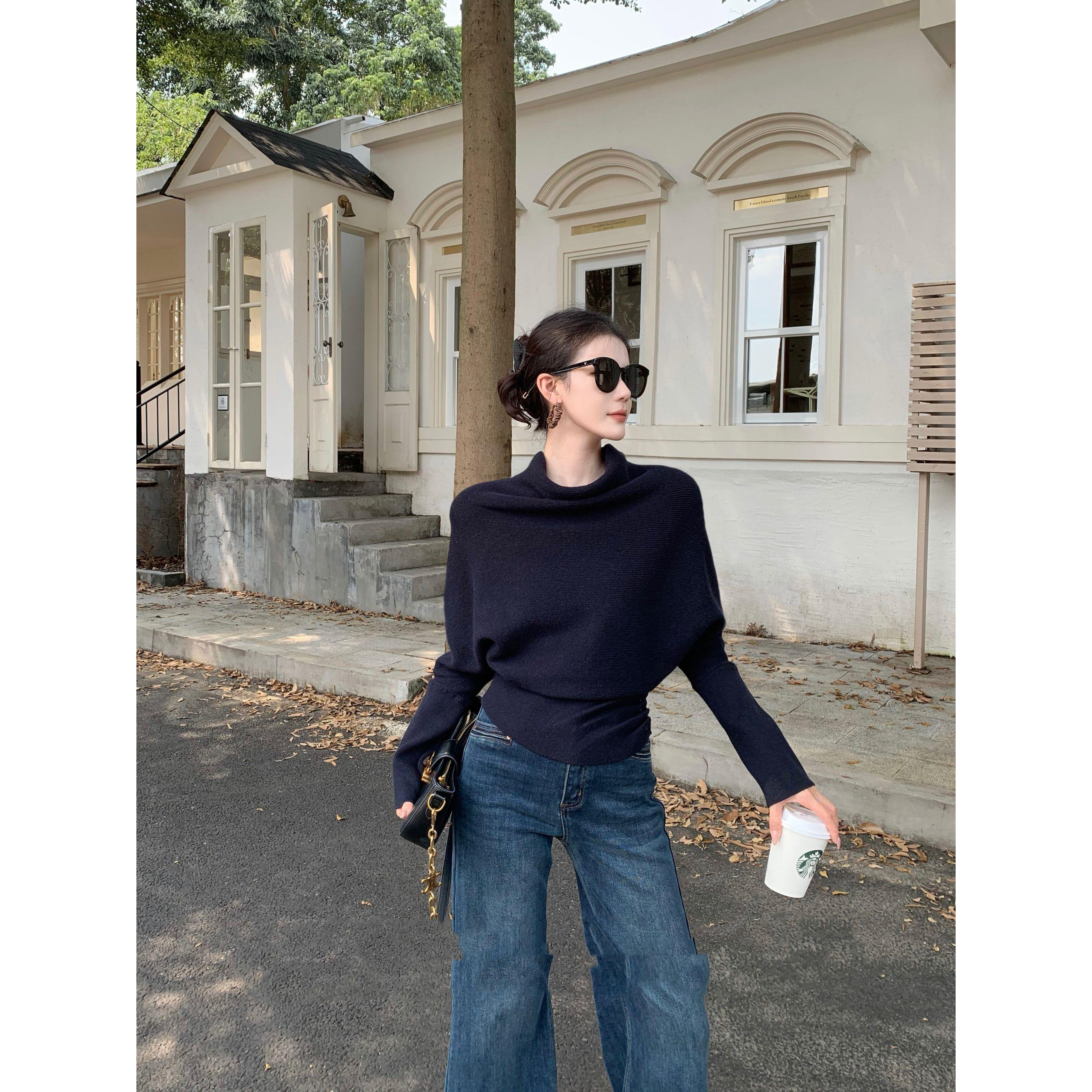 秋季慵懒清冷洋气酷飒风高级感知性收腰针织上衣蝙蝠袖打底秋冬