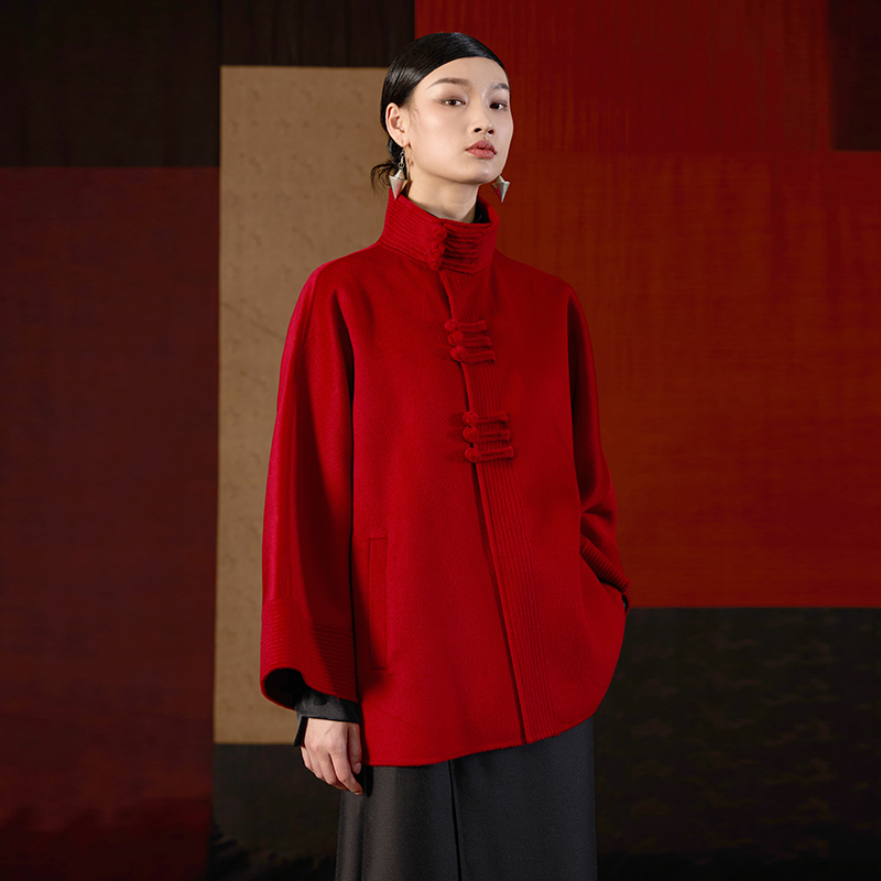 界内界外立领新中式国风双面羊毛呢宽松大袖短款大衣外套J43D6025