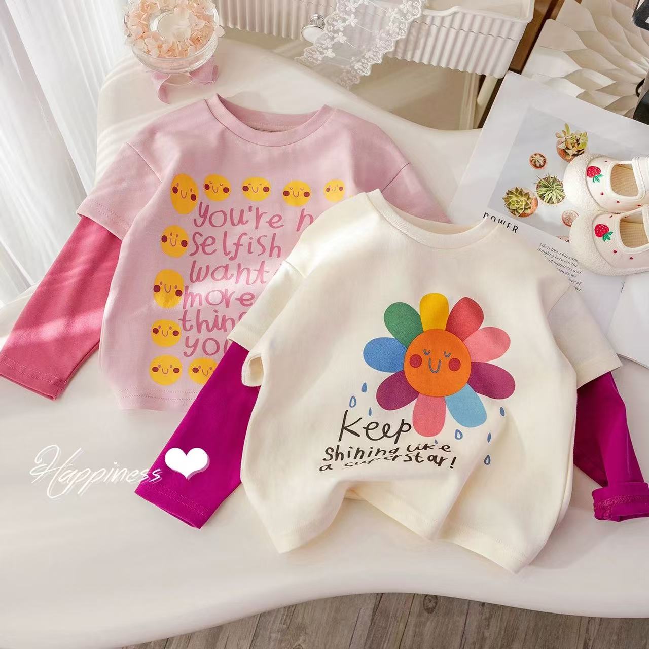 纯棉女童假两件长袖T恤宝宝春秋2025新款卡通太阳小花中小童洋气