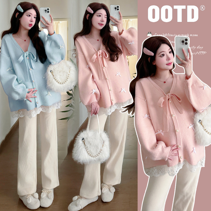 孕妇装秋装2025新款秋冬百搭宽松减龄蝴蝶结蕾丝毛衣开衫软糯外套