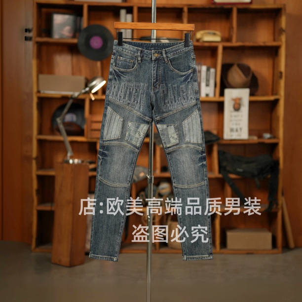 原创高端美式复古拼接个性高街男士牛仔裤修身小直筒弹力休闲潮牌