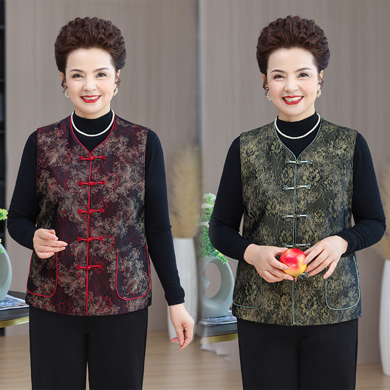 国风马甲妈妈装2025年秋季新款盘扣开衫宽松中老年薄款上衣套装