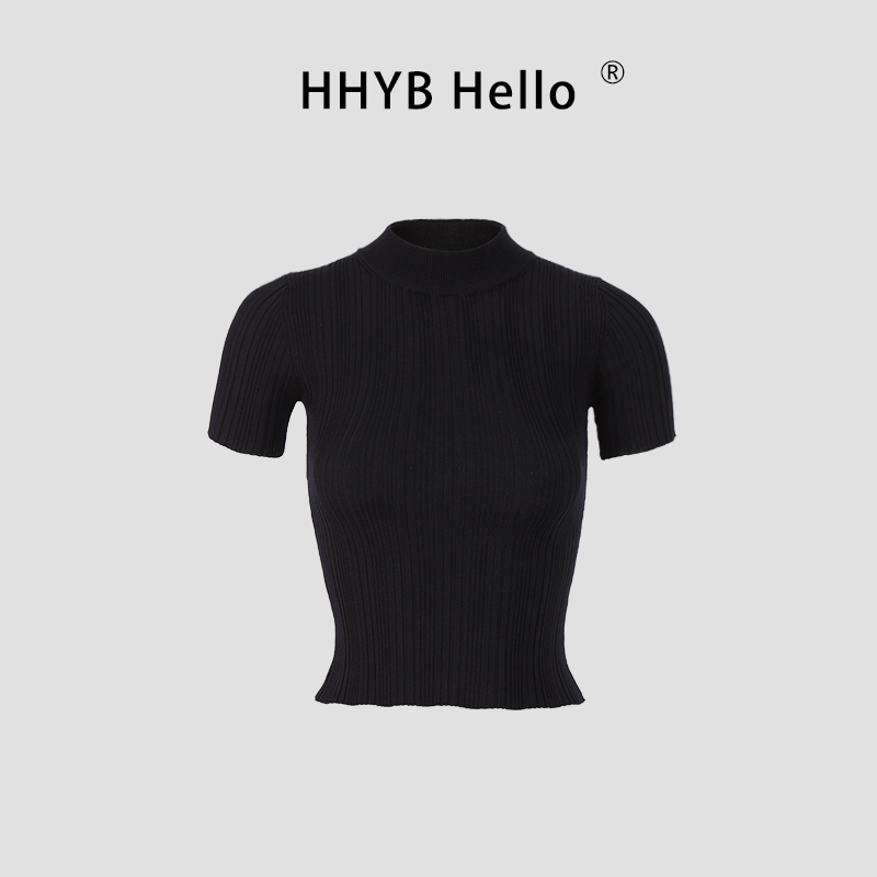HHYB Hello2025夏季新款圆领针织短袖针织衫修身小众上衣M1216