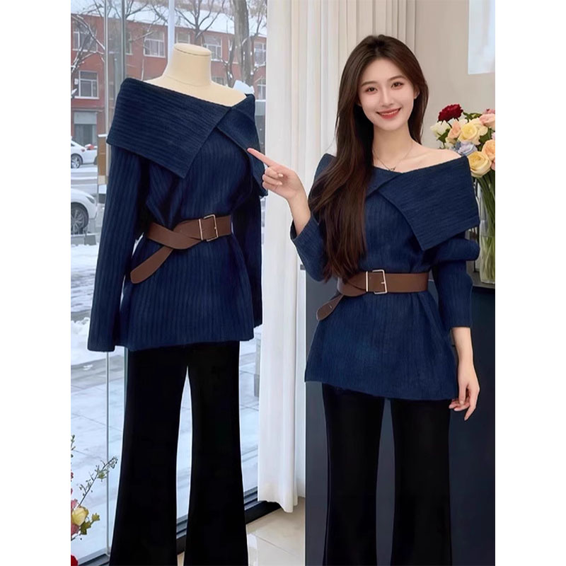法式一字肩翻领配腰带毛衣印花垂感牛仔裤套装女温柔气质两件套