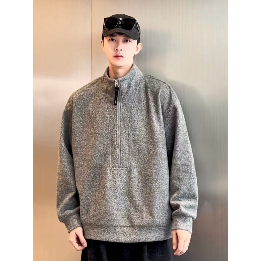 大圣圣 冬季立领半拉链毛绒廓形免烫加绒加厚休闲套头卫衣男6707