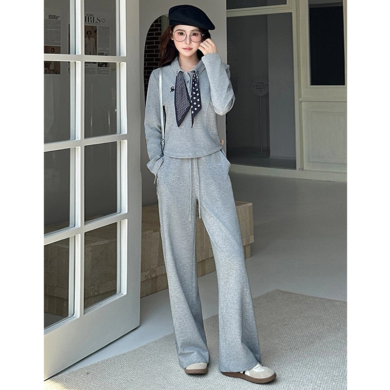 A042运动套装女2025秋季新款休闲慵懒风刺绣阔腿裤两件套