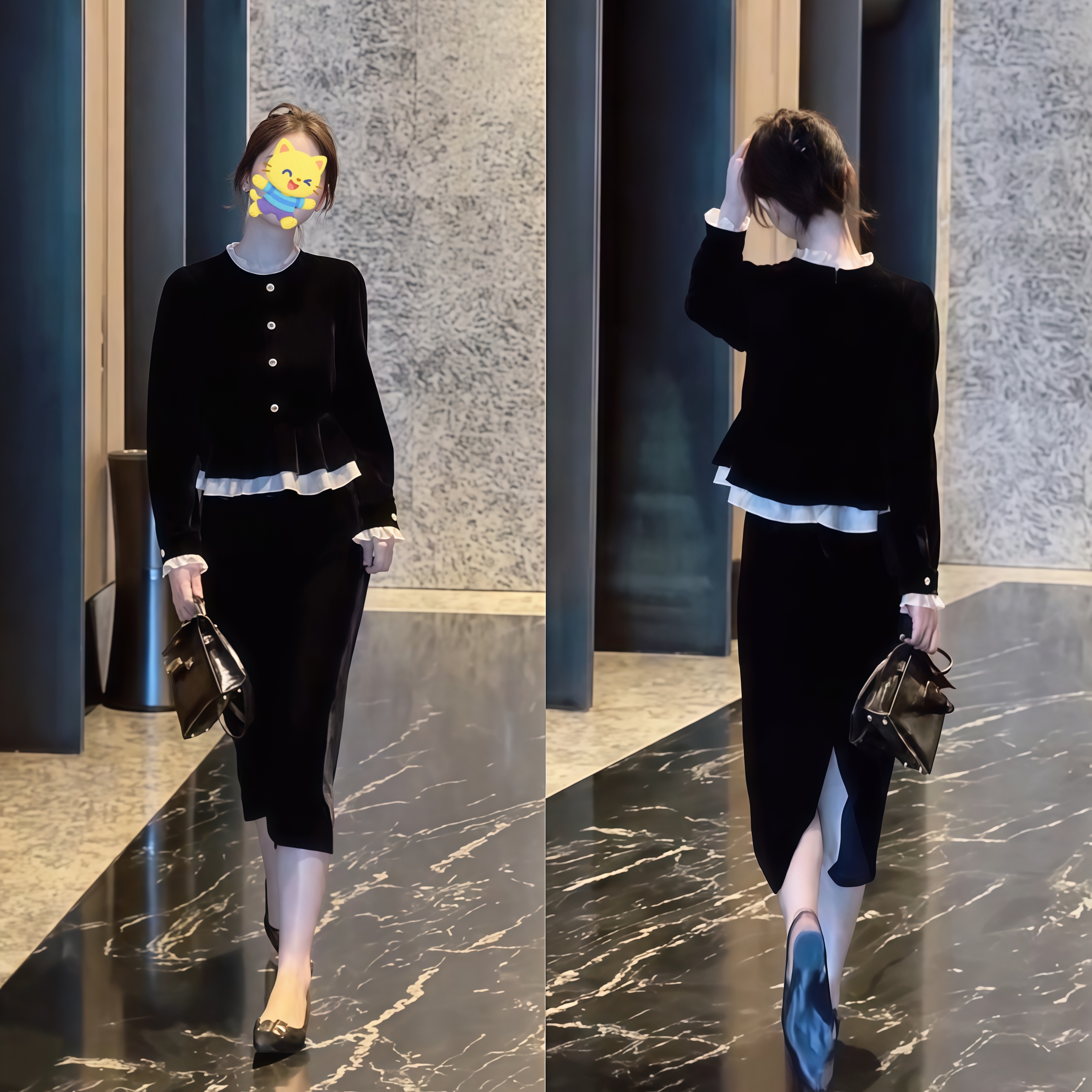 赫本风黑色连衣裙高端气质名媛女神范超好看法式假两件长裙子