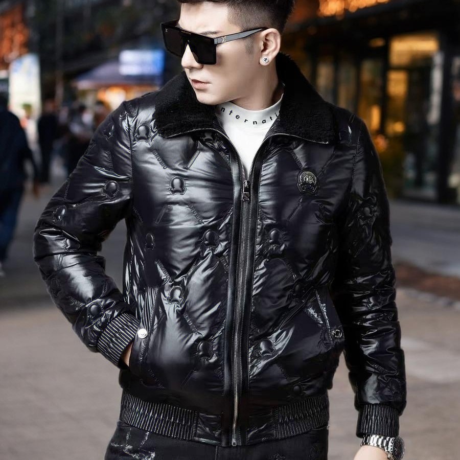 男士翻领冬季加厚保暖白鸭绒潮流刺绣高端欧货外套