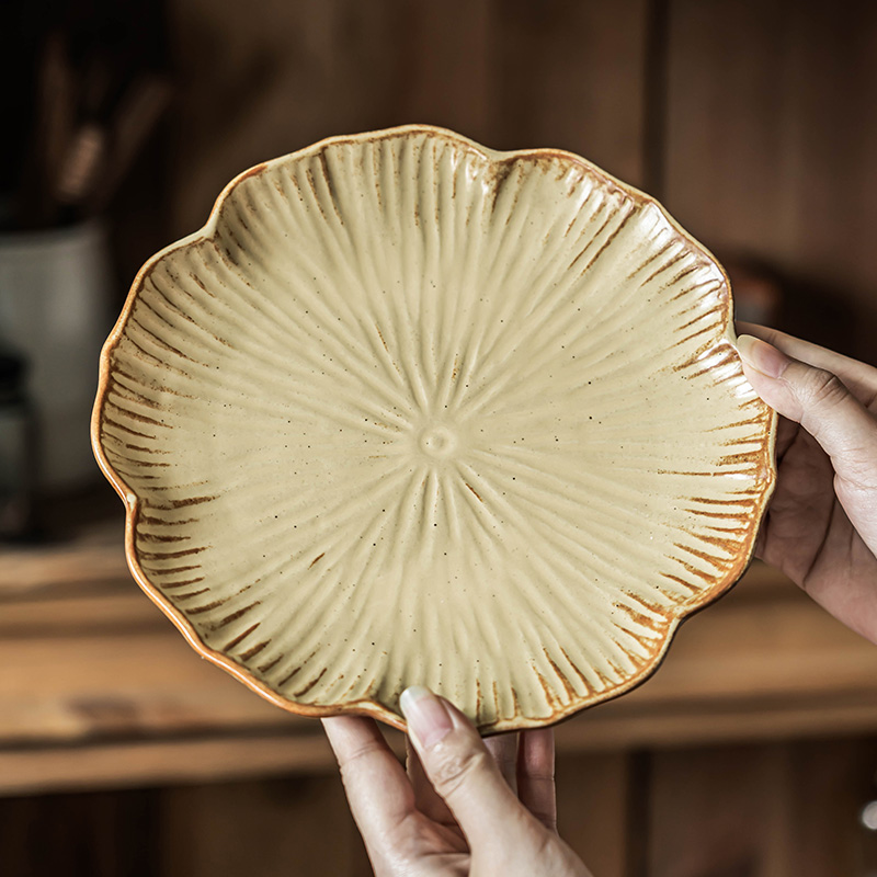 花形盘子复古盘日式粗陶盘子高颜值家用菜盘沙拉盘牛排盘甜品盘子