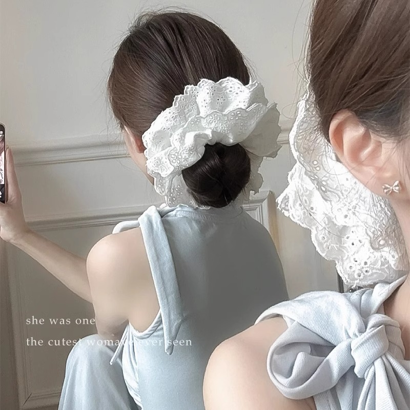 法式超大大肠发圈女白色蕾丝发饰高级感头绳2025新款发绳头花头饰