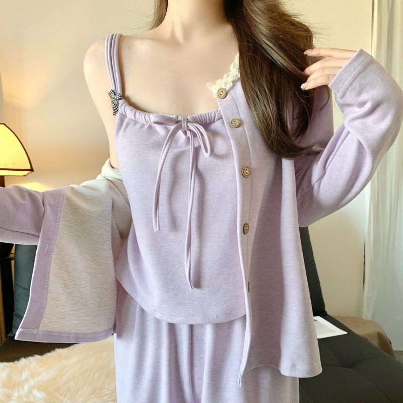 纯欲性感吊带三件套睡衣女款秋冬季德绒厚款带胸垫一体吊带家居服