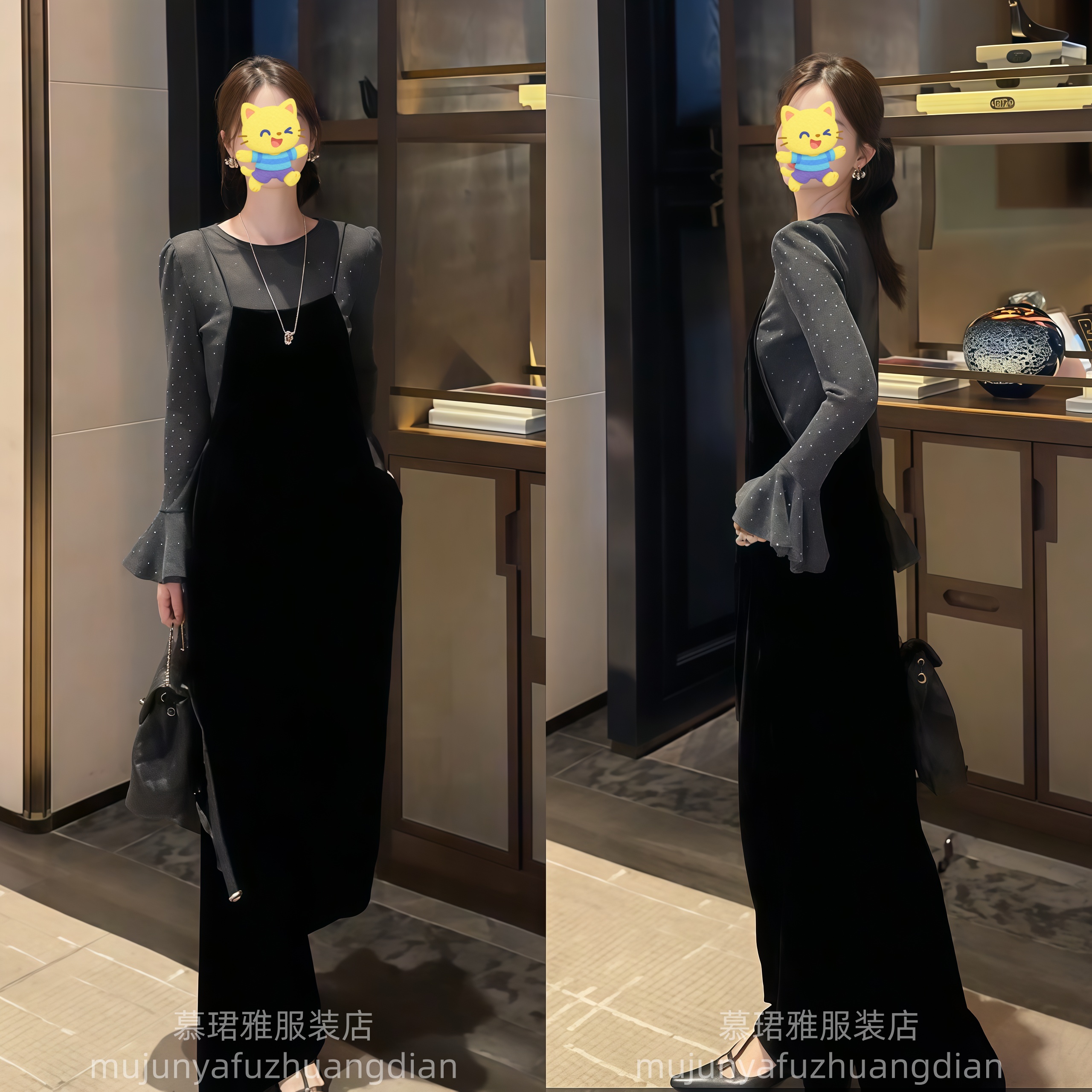 大方得体穿搭一整套黑色丝绒吊带连体裤叠穿内搭秋套装女2025新款