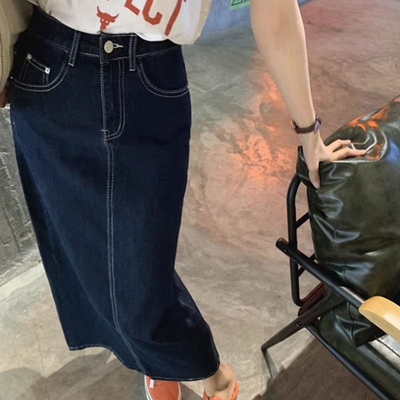 深蓝色牛仔半身裙女秋大码胖mm显瘦包臀裙梨形身材开叉a字长裙子